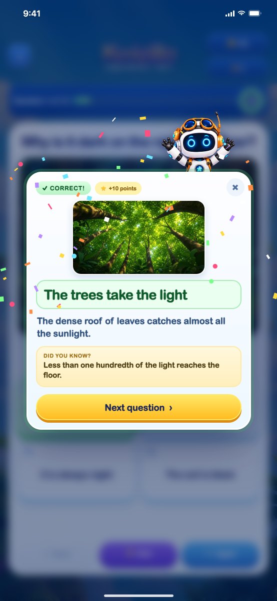 Explanation after a correct answer with confetti