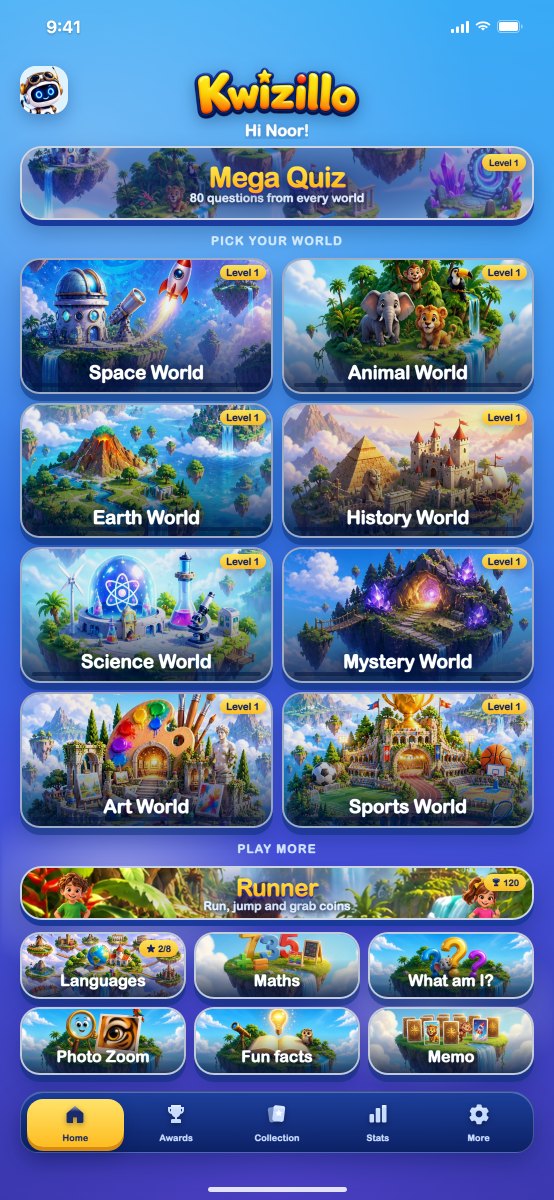 The Kwizillo home screen with the Mega Quiz, the eight worlds and the games