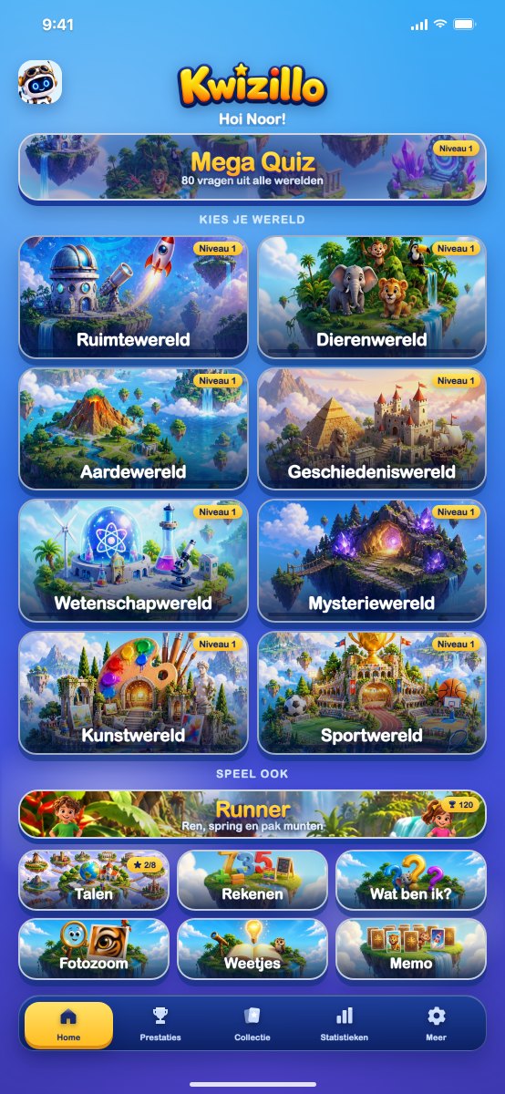 Het beginscherm van Kwizillo met de Mega Quiz, de acht werelden en de spellen